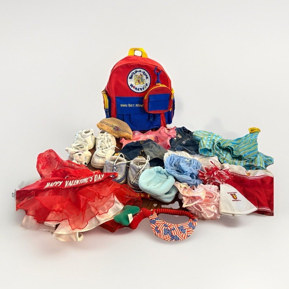 Build a Bear Workshop Backpack With Clothes & Shoes Vinyl Red Blue Yellow Zipper